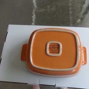 Cerutil Vtg. stoneware ,orange/white casserole serving bowl made in Portugal VGC